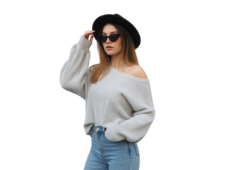 Stylish young woman wearing a gray sweater, blue jeans, and black hat, isolated isolated on transparent background