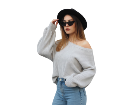 Stylish young woman wearing a gray sweater, blue jeans, and black hat, isolated isolated on transparent background