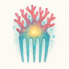 Fototapeta premium Whimsical watercolor illustration portraying mermaid coral comb glowing with ocean light. Magical fantasy beauty accessory shines radiantly, capturing an enchanting underwater world, serene