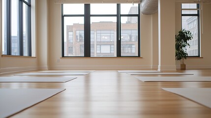 Fototapeta premium Yoga practice in spacious studio urban environment indoor setting serene atmosphere peaceful viewpoint for health