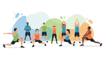 Diverse Group of People Performing Yoga Poses in Bright Studio with Colorful Abstract Background