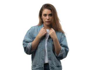 Young woman wearing a denim jacket with a white t-shirt, isolated on black isolated on transparent background