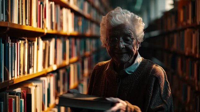 An elderly woman in a library carefully selects a book, surrounded by bookshelves and knowledge