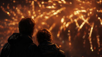 New Year Festival couple holding watching fireworks in the sky, ai generate, high quality image.