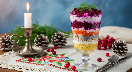 Classic festive Russian herring salad served in an elegant glass garnished with fresh dill vintage h 78118278 1