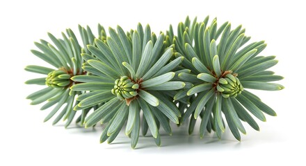 Close up Macro Shot of Blue Spruce Pine Needles Cluster with Buds on White Background