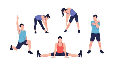 Group of People Exercising Yoga in Various Positions on White Background