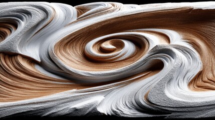A close-up, abstract view of a textured surface with swirling patterns of white and brown material, creating a sense of movement and depth.