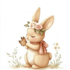 Adorable Drawing of a Cute Little Bunny Surrounded by Flowers with a Butterfly in Its Hands