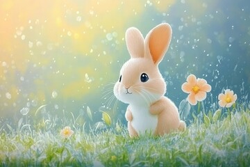 Cute Little Rabbit in a Colorful Garden Surrounded by Flowers and Soft Light Sparkling in the Background