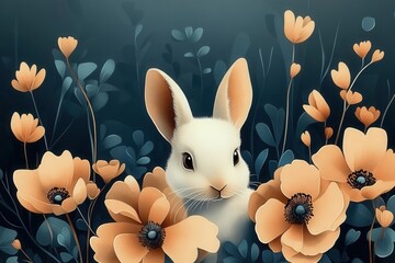 Adorable Little Rabbit Surrounded by Blooming Flowers in a Serene Garden Setting