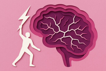 Powerful paper cut illustration concept of human brain. layered pink silhouette shows mind holding lightning bolt, symbol of great idea or mental power