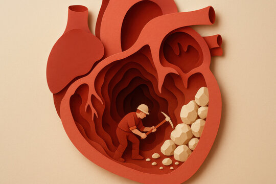 Symbolic paper cut art concept of cardiology health. miniature miner carving away cholesterol plaque inside human heart ventricle, creative metaphor for medical treatment