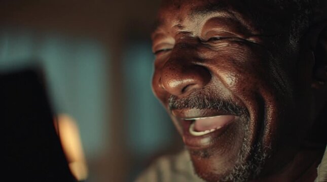 Smiling Man Enjoys Content on Tablet A Moment of Joyful Connection