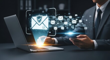 Businessman using secure email on his phone and laptop for data protection