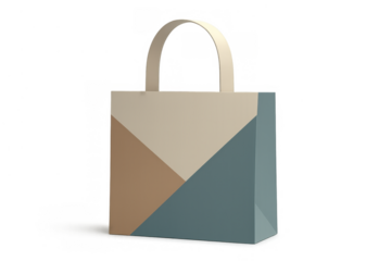 Tote bag mockup presenting geometric design with beige, brown, and blue colors on transparent background