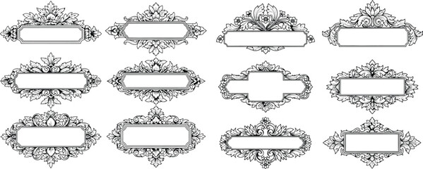 Illustrations of Victorian era inspired decorative borders featuring detailed botanical motifs and empty centers