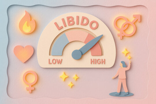Paper cut libido energy gauge showing high sexual desire with glowing icons. tiny caretaker boosts signal on pastel blue and pink background, representing intimacy and health
