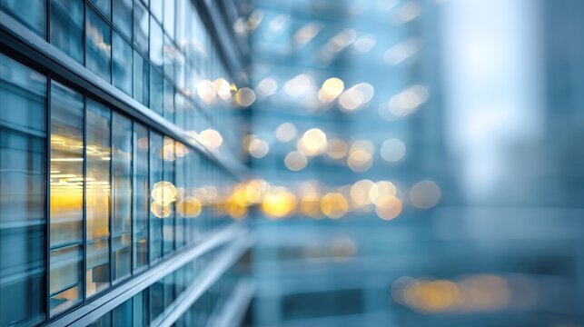 A scene depicting a detailed close-up of a blurred glass facade of a contemporary office building, ideal for a corporate background concept, emphasizing the abstract and modern design elements