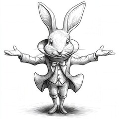 Cute Black and White Vector Drawing of a Rabbit with a Bow Tie and Open Arms Illustrating Joy and Playfulness