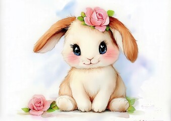 Adorable White and Brown Bunny with Pink Roses in a Gentle Watercolor Style Drawing