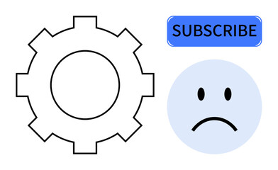 Subscription concept. Gear icon process and setup, sad face reflects dissatisfaction with subscriptions. Subscription impacting user satisfaction. Useful for apps, services, design, business