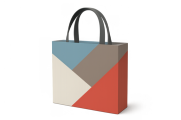 Tote bag presenting a modern geometric design with color blocks on a transparent background, perfect for shopping and fashion concepts
