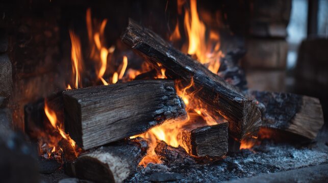 Warm burning firewood in a cozy fireplace, glowing flames and rustic hearth creating a comforting winter atmosphere for home interior warmth and relaxing seasonal ambiance