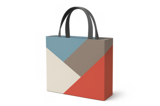Tote bag presenting a modern geometric design with color blocks on a transparent background, perfect for shopping and fashion concepts