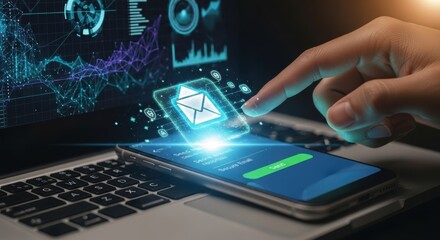 Secure Email Communication: Finger Tapping Send Button on Smartphone with Data Visualization on Laptop