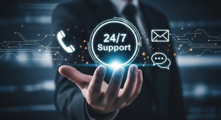 24/7 Customer Support Concept: Businessman Holding Digital Display