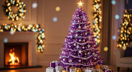 A beautiful purple Christmas tree shines brightly, spreading holiday joy and festive magic all around. Christmas tree, festive lights, winter decoration, and joyful holiday atmosphere.sparkle, evergre