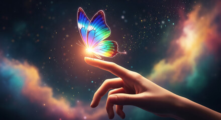 Captivating glowing butterfly lands gently on a fingertip symbolizing transformation and wonder in a 77560078 1