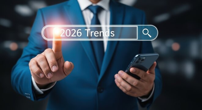 Businessman using smartphone searching for business trends in 2026 - Powered by Adobe