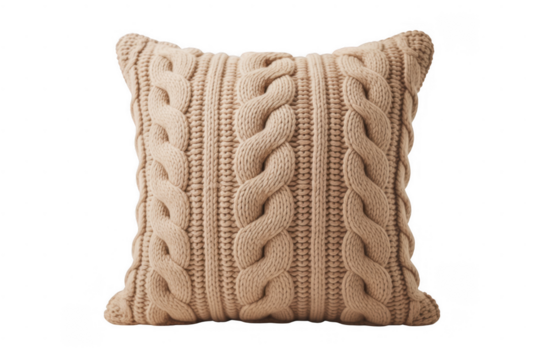 Knitted cushion with cable knit pattern isolated on a transparent background 1