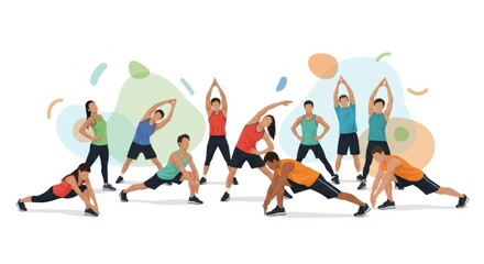 Group of Diverse People Performing Yoga Stretches in Colorful Studio Setting