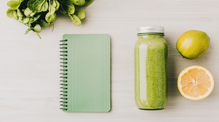 Healthy lifestyle essentials yoga mat green smoothie notebook and lemon in flat lay style