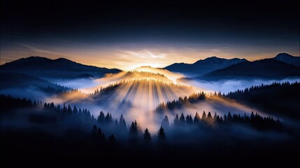 Dramatic sunbeams pierce through thick fog, illuminating a dense forest of pine trees and rolling mountains during a vibrant sunrise.