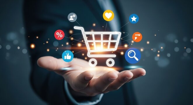 Online Shopping Concept: Hand Holding Shopping Cart with Social Media Icons