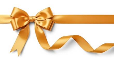 Fototapeta premium Elegant golden satin ribbon tied into a beautiful bow with trailing ends isolated on white background