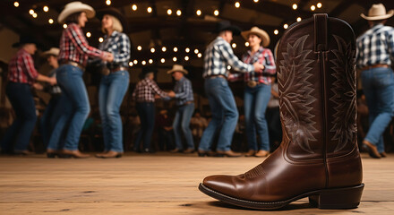 Brown cowboy boot stands on wooden floor at country music dancing party People in jeans dancing coun 62721405 1