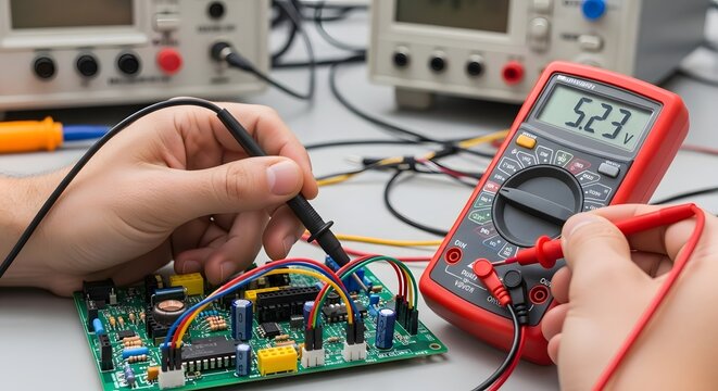A person's hands testing an electronic circuit board with a red digital multimeter.