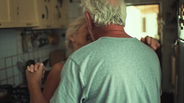 Loving senior couple in a warm embrace, slow dancing together in their cozy kitchen