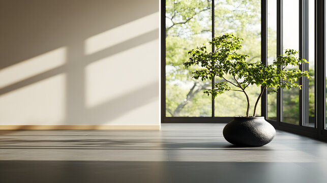 Sunlight streams through large window casting shadow patterns near a potted green houseplant inside