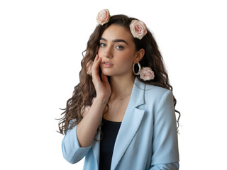Young woman with roses in hair and light blue blazer posing softly isolated on transparent background