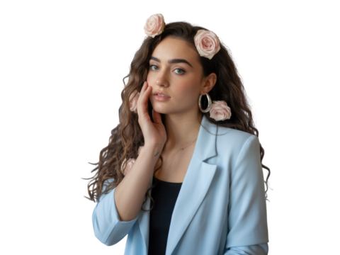 Young woman with roses in hair and light blue blazer posing softly isolated on transparent background