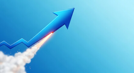 Blue upward arrow launching like a rocket with smoke on clean gradient background for business growt 90205063 1
