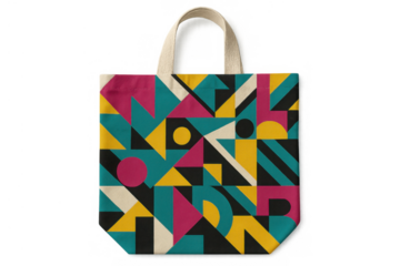 Tote bag design featuring a modern abstract geometric pattern with vibrant colorful shapes on a transparent background