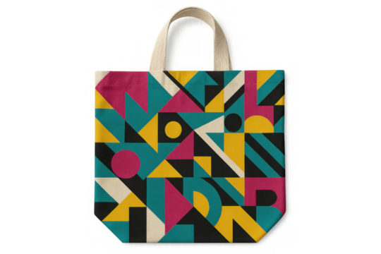 Tote bag design featuring a modern abstract geometric pattern with vibrant colorful shapes on a transparent background