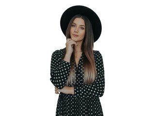 Young woman in polka dot dress and hat isolated on black background contemplating isolated on transparent background